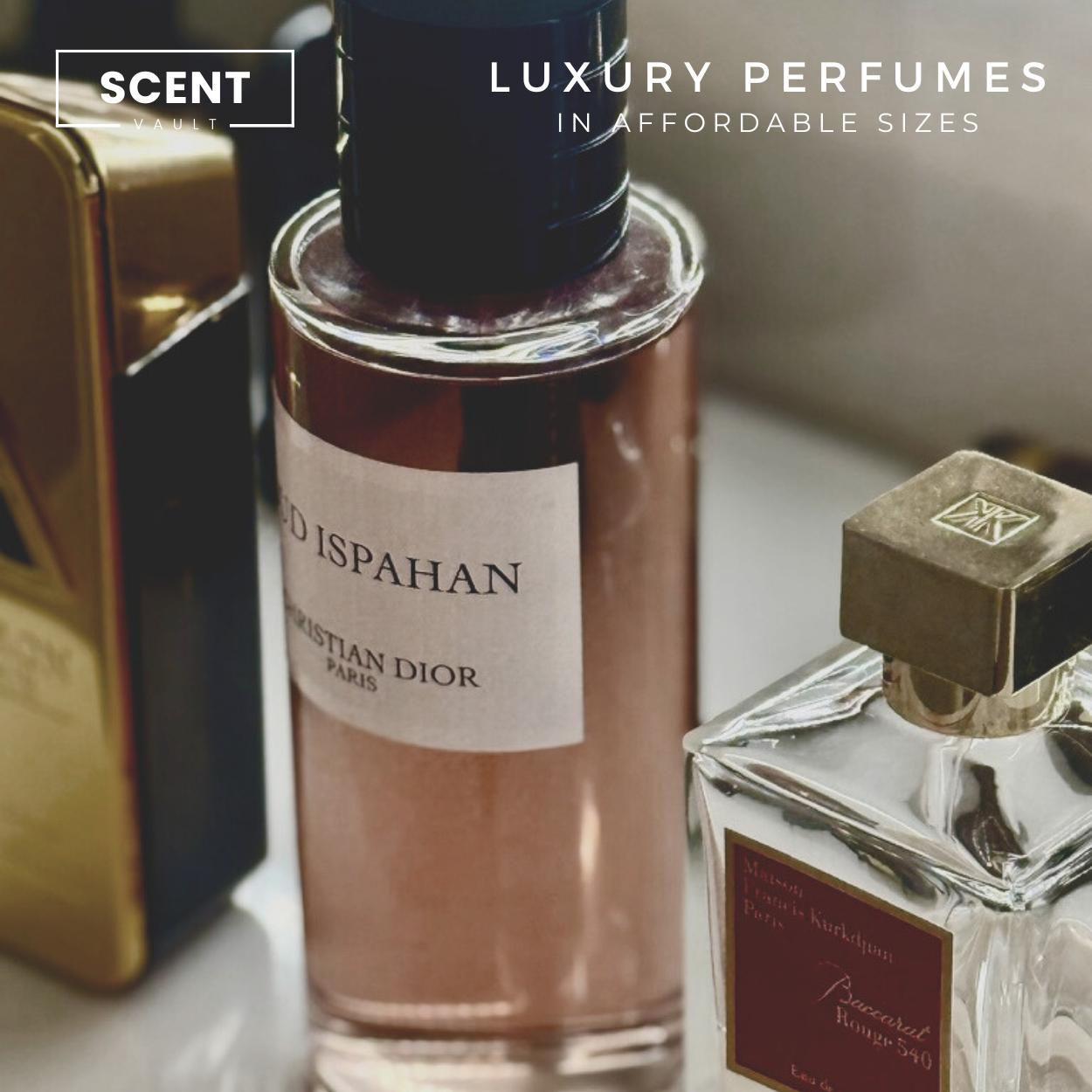 Perfume bottles with visible brand names on a neutral background