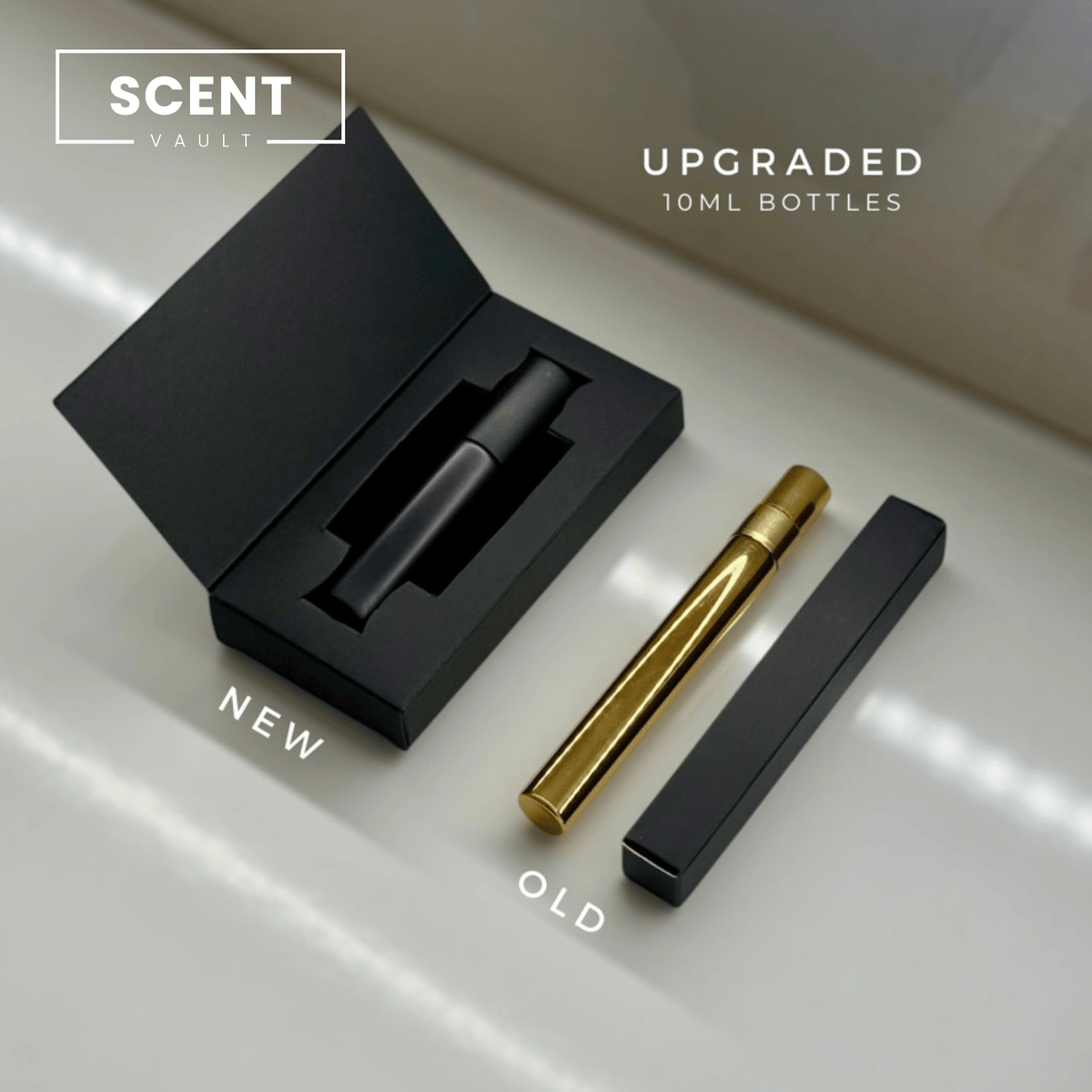 Upgraded 10ml perfume decant bottle in a black gift box compared with the old gold atomiser - Scent Vault