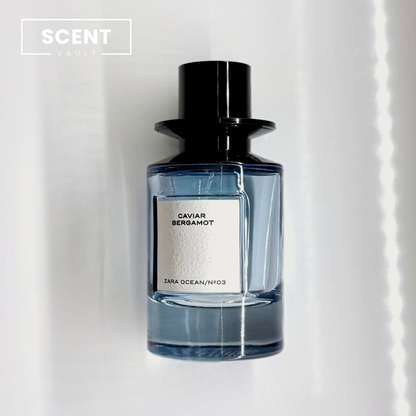 Zara x Jo Malone Caviar Bergamot blue glass bottle with black cap on a white background - Scent Vault