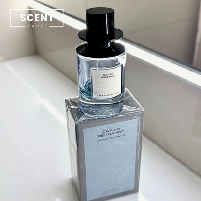 Zara x Jo Malone Caviar Bergamot bottle standing on top of its grey-blue box - Scent Vault