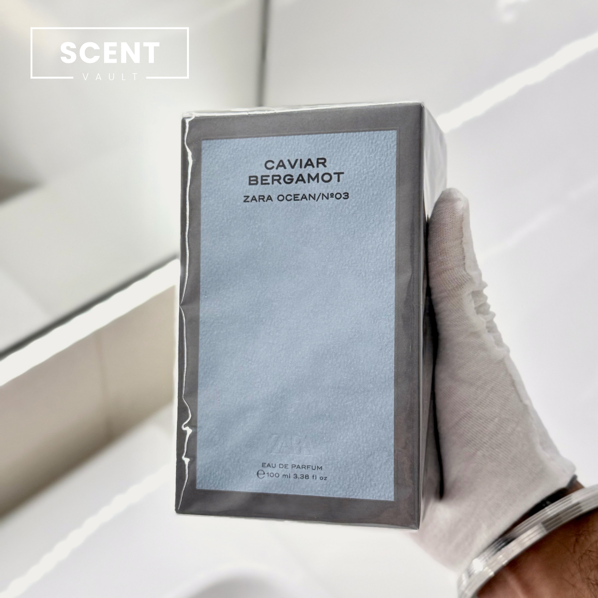 Zara x Jo Malone Caviar Bergamot box held in a gloved hand - Scent Vault