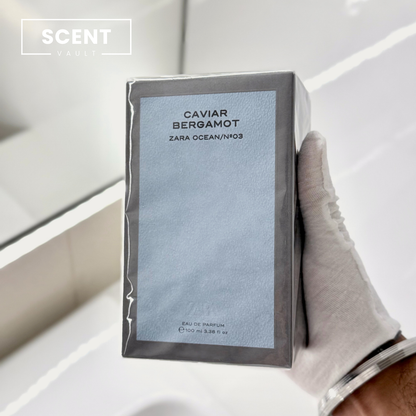 Zara x Jo Malone Caviar Bergamot box held in a gloved hand - Scent Vault