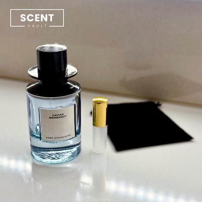 Zara x Jo Malone Caviar Bergamot perfume decants shown with the full bottle and velvet pouch - Scent Vault